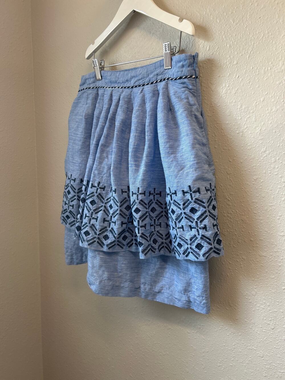 Odille for Anthropologie blue linen-blend tiered skirt